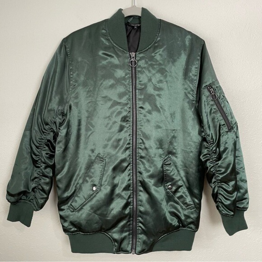 Topshop Emerald Green Satin Ruched Sleeve Bomber Jacket 6